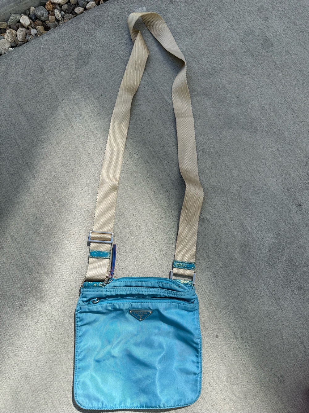 Prada Turquoise Nylon Crossbody with Cream Strap